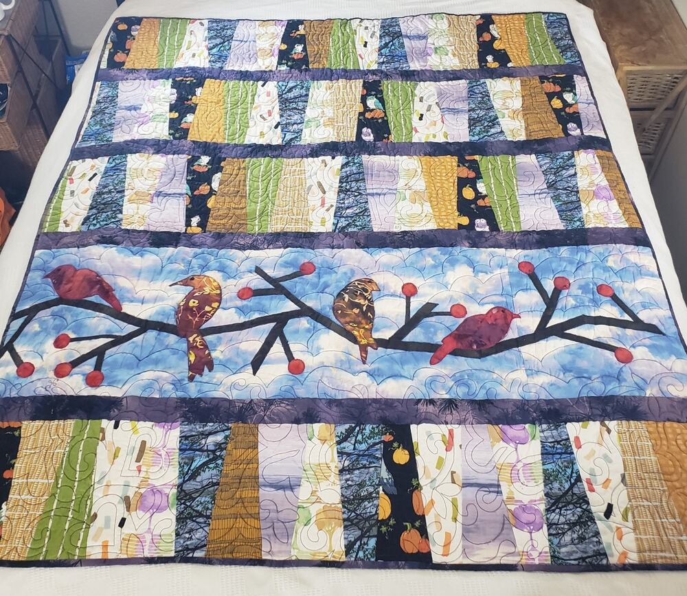 Handmade Bird Quilt 58x73 Fall Winter Woodland Applique Minky Back Throw